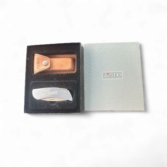 Vintage ZIPPO Doral Across America Lock Blade Knife With Leather Sheath In Box ! - Picture 1 of 8